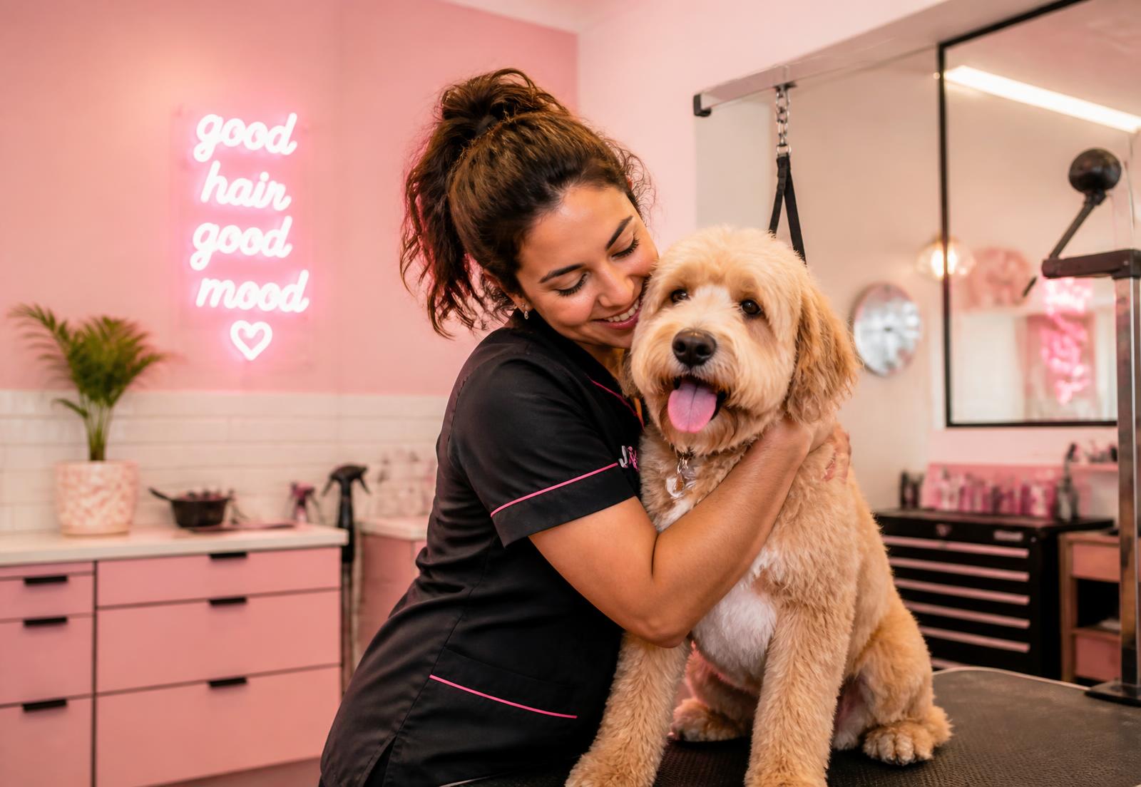 Profissional do Bom Pra Cachorro fazendo carinho em um cachorro durante o atendimento