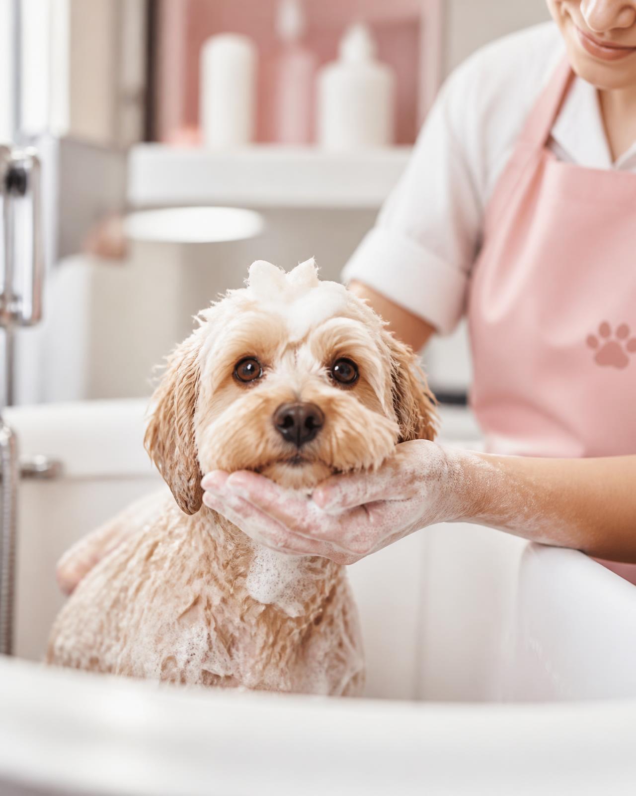 Cachorro recebendo banho com carinho no Bom Pra Cachorro, em Itumbiara
